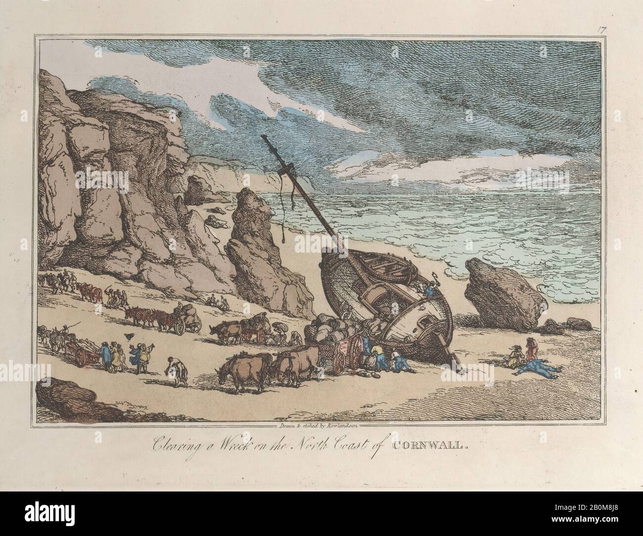 Thomas Rowlandson, Clearing a Wreck on the North Coast of Cornwall, from "Sketches from Nature", "Sketches from Nature", Thomas Rowlandson (British, London 1757-187 London), 1822, Handkolorierte Radierung, Blatt: 7 1/4 × 9 5/8 in. (18,4 × 24,5 cm), Ausdrucke Stockfoto