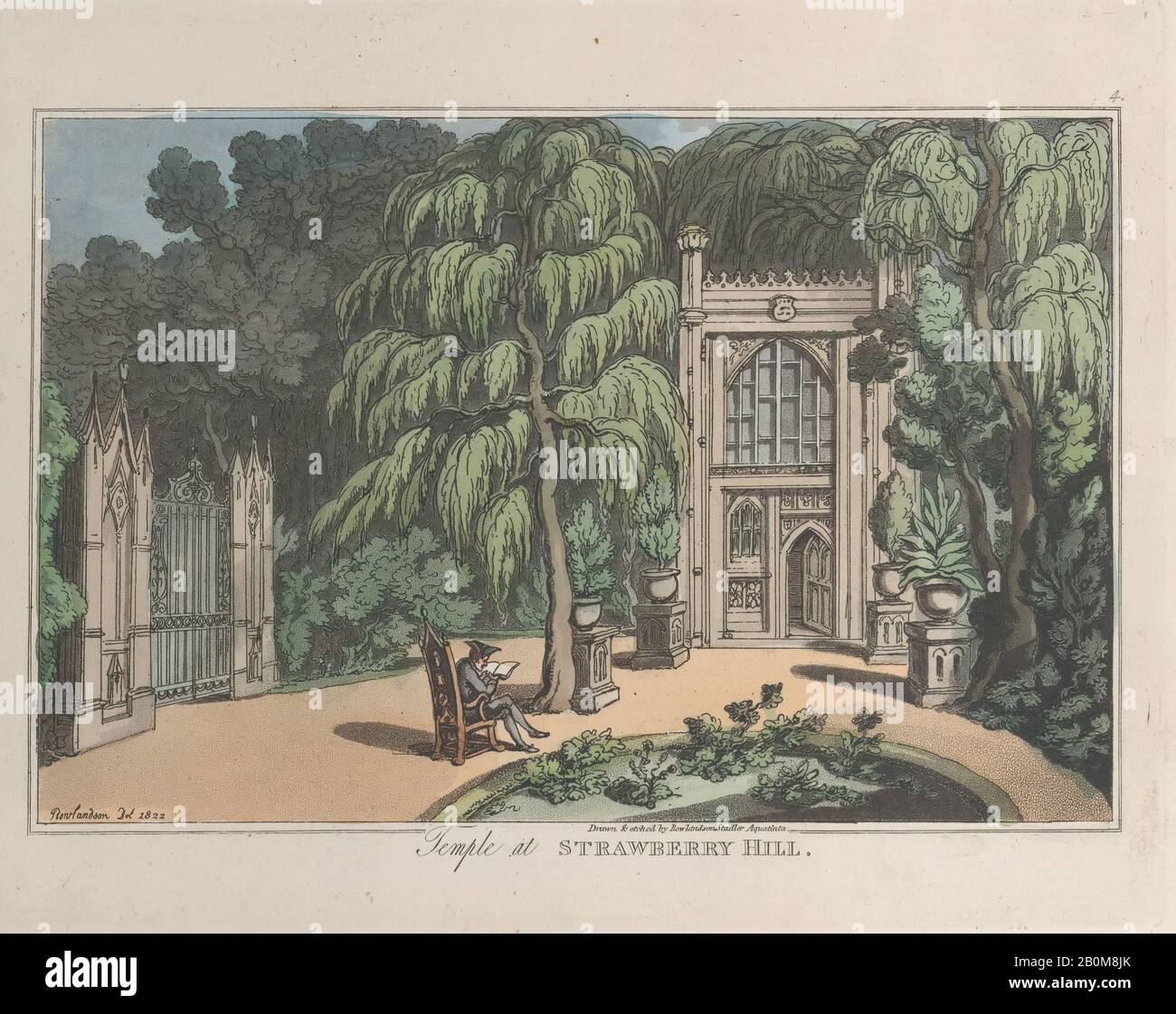 Geätzt von Thomas Rowlandson, Tempel am Strawberry Hill, aus "Sketches from Nature", "Sketches from Nature", Geätzt von Thomas Rowlandson (British, London 1757-187 London), Aquatint von Joseph Constantine Stadler (Deutsch, aktives London, 1780-1822), 1822, Handfarbige Radierung und Aquatint, Platte: 7 3/8 × 9 7/16 im Jahr. (18,8 × 24 cm), Blatt: 7 15/16 Zoll × 10 Zoll (20,1 × 25,4 cm), Ausdrucke Stockfoto