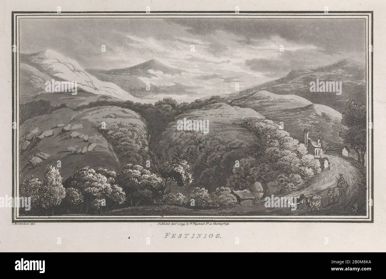 John Hill, Festiniog, von "Remarks on a Tour to North and South Wales, in the Year 1797", "Remarks on a Tour to North and South Wales, in the Year, im Jahr 1797, John Hill (British, Ca. 1714-1775), Nach Thomas Rowlandson (Britisch, London 1757-187 London), Henry Wigstead (Britisch, 1745?-1800 Margate), 1. September 1799, Radierung und Aquatint, Blatt: 5 1/4 × 8 1/8 Zoll. (13,4 × 20,6 cm), Ausdrucke Stockfoto