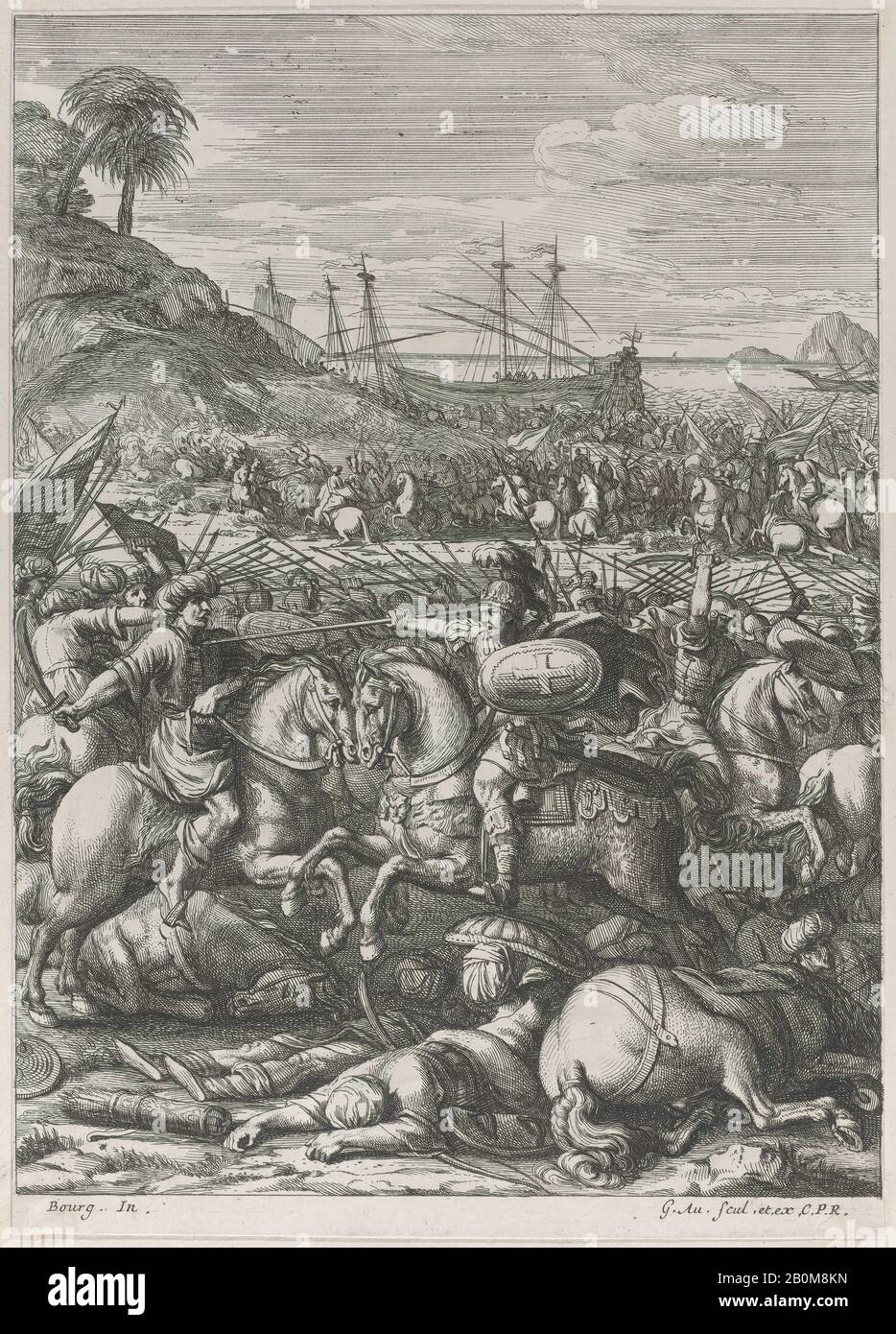 Girard Audran, Die Schlacht von Antiochia, Nach Guillaume Courtois (Französisch, Saint-Hippolyte 1628-1679 Rom), 1672-78, Radierung, Blatt (Getrimmt): 11 9/16 × 8 1/4 Zoll. (29,3 × 20,9 cm), Ausdrucke Stockfoto