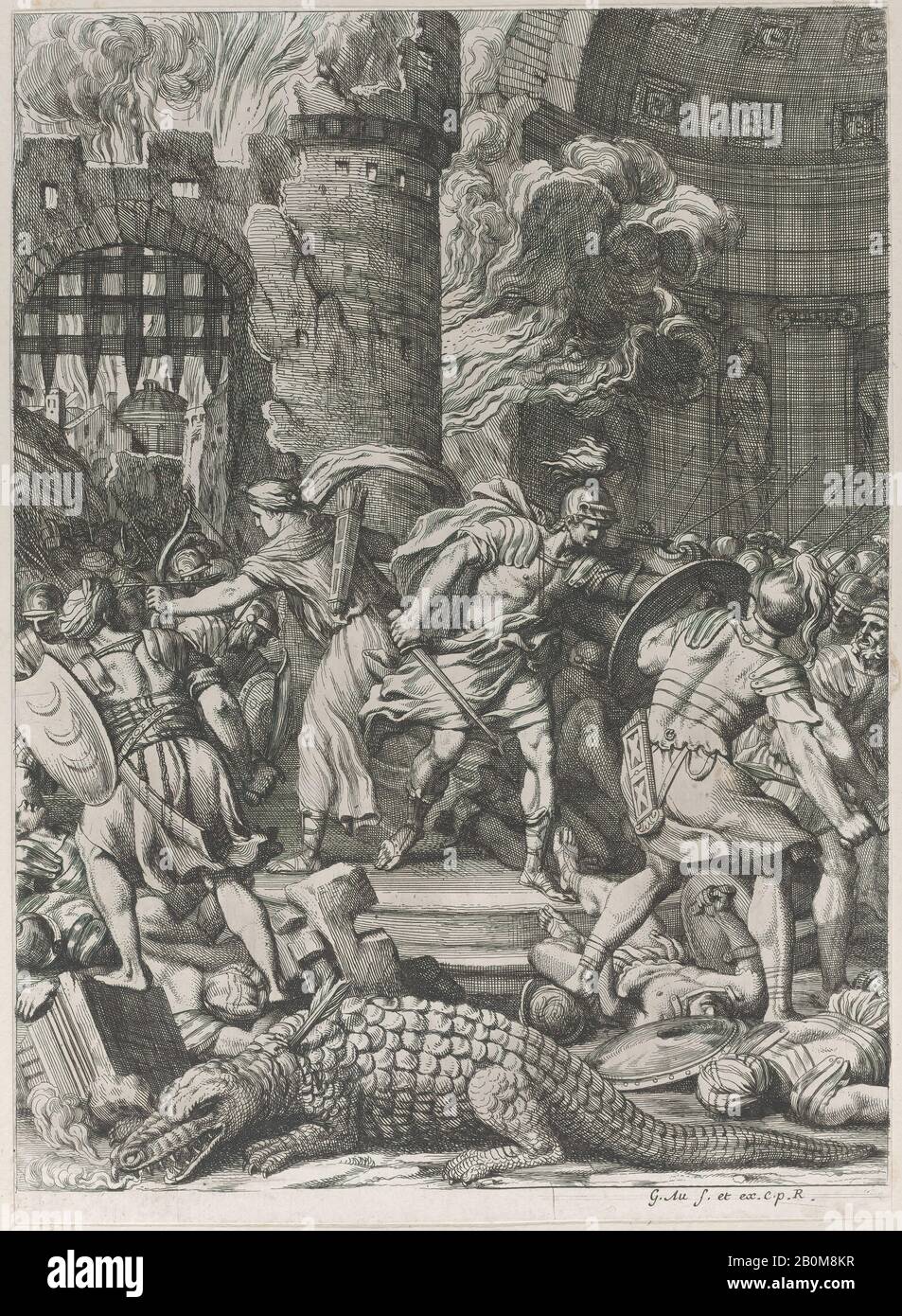 Girard Audran, Die Einnahme von Alexandria, Nach Guillaume Courtois (Französisch, Saint-Hippolyte 1628-1679 Rom), 1672-78, Radierung, Blatt (Getrimmt): 11 5/16 × 8 1/4 Zoll. (28,8 × 20,9 cm), Ausdrucke Stockfoto
