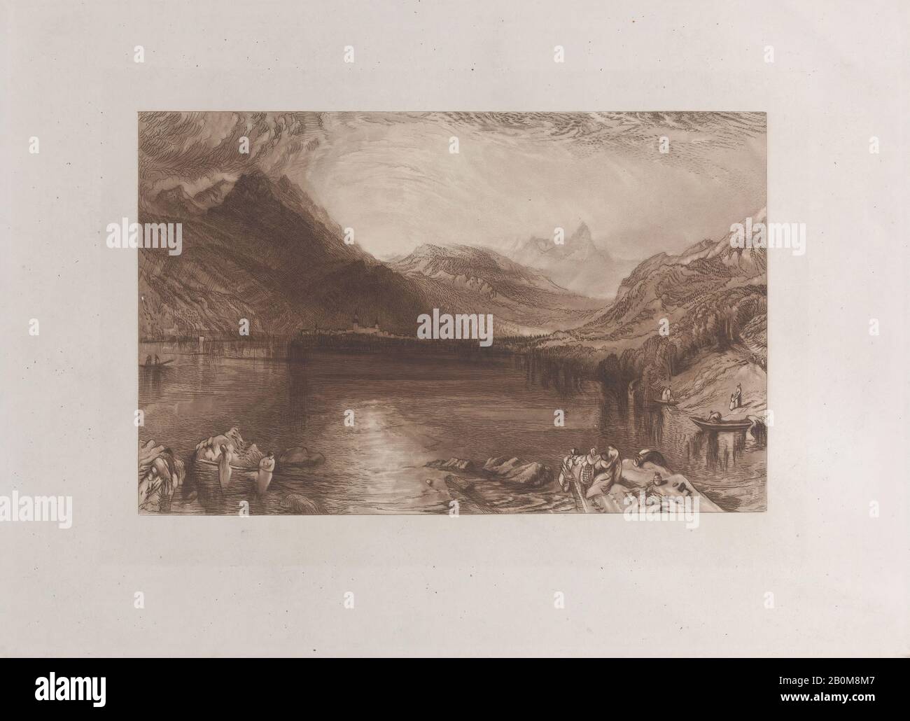 Geätzt von John Ruskin, Dem Zugersee, Mezzotint von Thomas Goff Lupton (Britisch, London, 173-1873 London), Nach Joseph Mallord William Turner (Britisch, London 1775-1851 London), 1888er, Radierung und Mezzotint; Beweis, Bild: 4 15/16 × 7 5/8 Zoll. (12,5 × 19,4 cm), Platte: 8 3/16 × 11 5/16 Zoll (20,8 × 28,7 cm), Blatt: 11 5/8 × 17 5/16 Zoll (29,6 × 43,9 cm), Ausdrucke Stockfoto