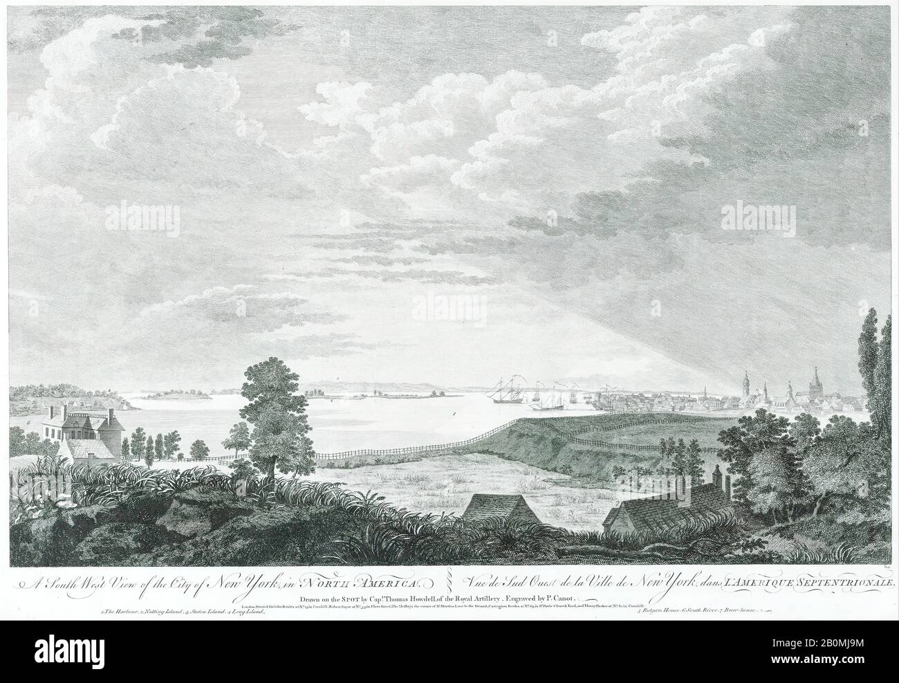 Pierre Charles Canot, EIN South West View of the City of New York, in Nordamerika, Pierre Charles Canot (Französisch, Paris 1710-1777 Kentish Town, London (aktives England)), Nach Kapitän Thomas Howdell von der Royal Artillery (Britisch, 18. Jahrhundert), Ca. Vor., Radierung und Gravur; wahrscheinlich zweiter oder dritter Zustand, Platte: 14 1/8 x 20 1/2 Zoll. (35,9 x 52,1 cm), Blatt: 17 11/16 x 24 3/16 Zoll (44,9 x 61,4 cm), Ausdrucke Stockfoto