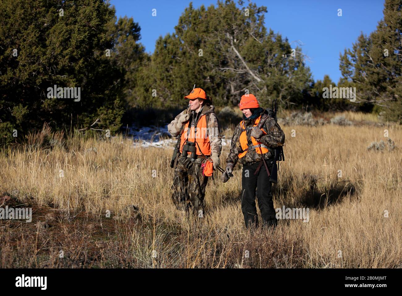 Zwei Jägerinnen wandern auf einer Wiese in Colorado Stockfoto