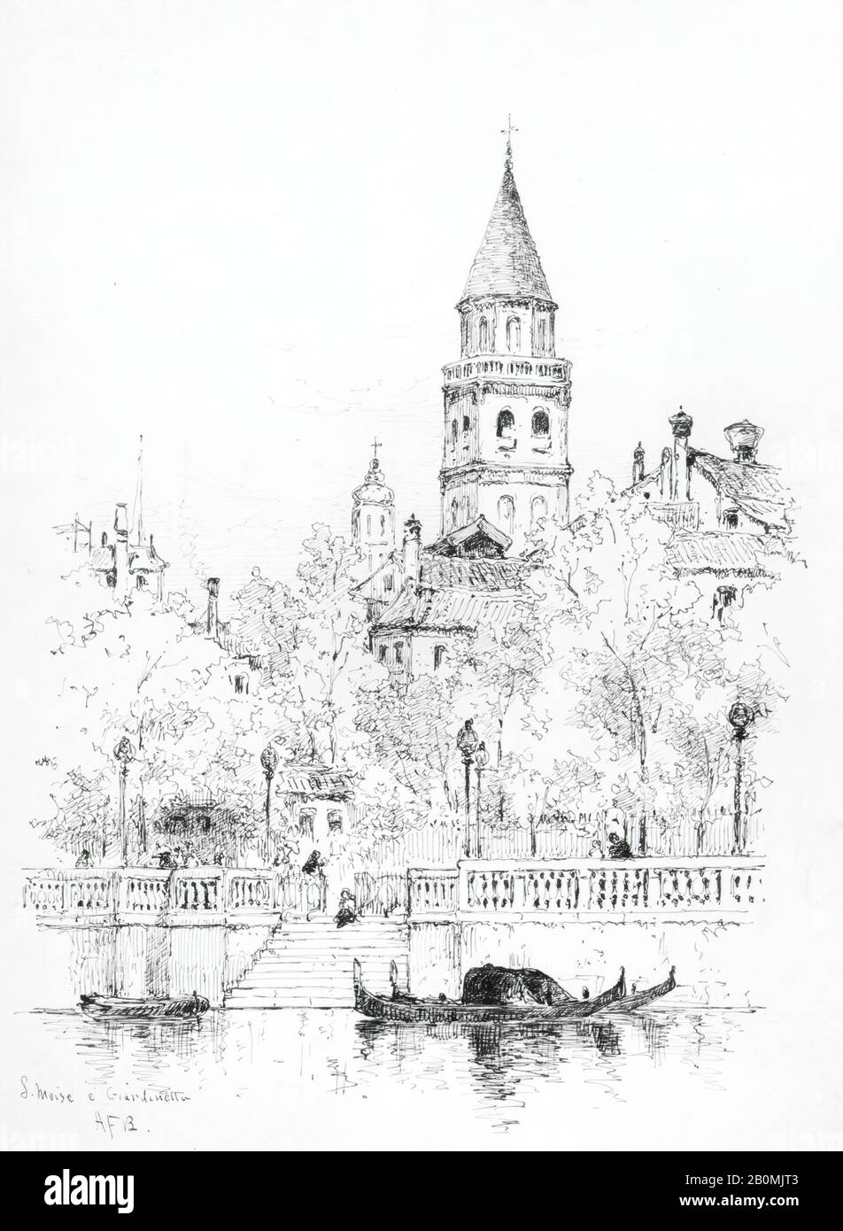 Andrew Fisher Bunner, San Moise e Giardinetto, Venice, American, Andrew Fisher Bunner (51-1897), American, Black Pen and Graphit Traces on off-White Wove paper, 13 x 9 11/16 in. (33 x 24,6 cm), Zeichnungen Stockfoto