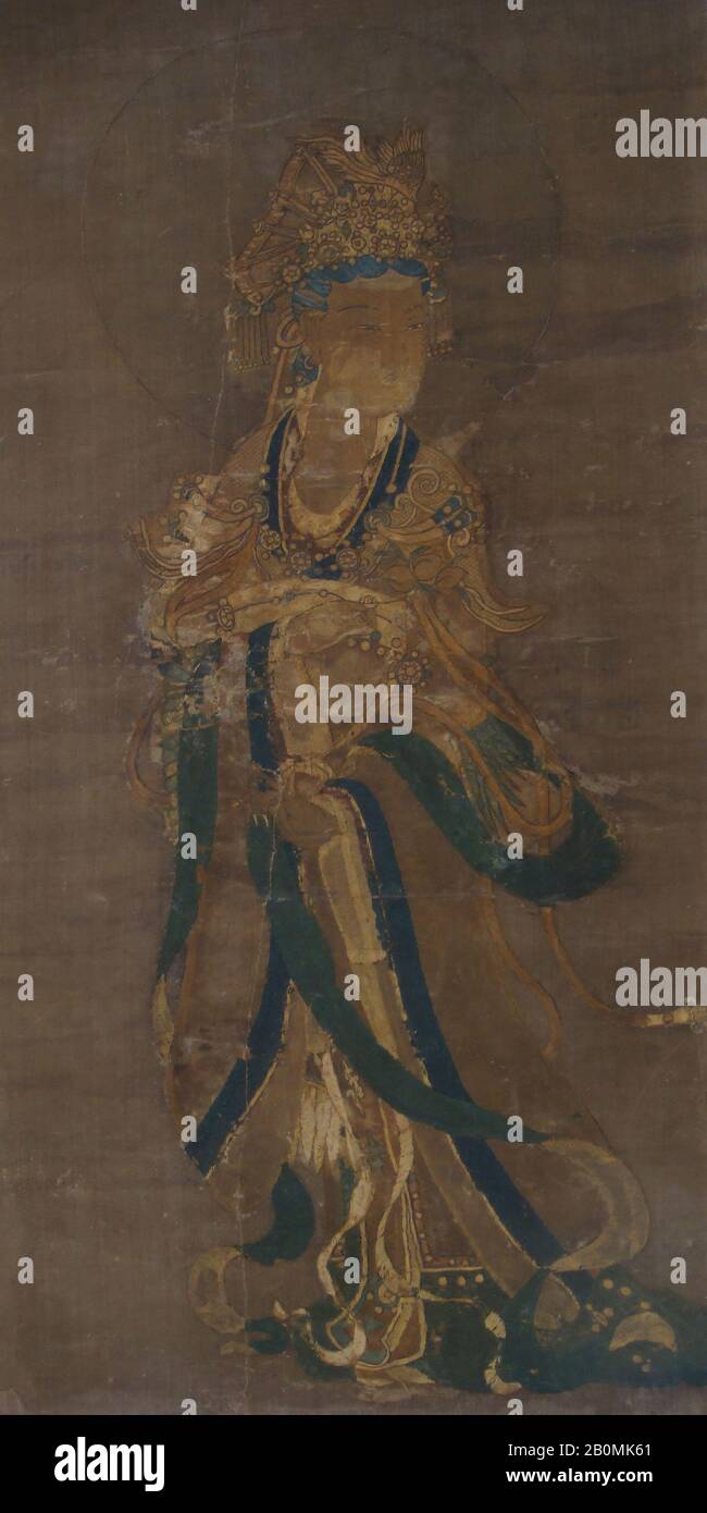 Figur einer edlen Dame, China, Ming-Dynastie (1368-1644), Kultur: China, Seide, Pigment auf Papier, Tinte; auf Seide, 39 x 17 3/4 Zoll (99,1 x 45,1 cm), Textil-Embroided Stockfoto