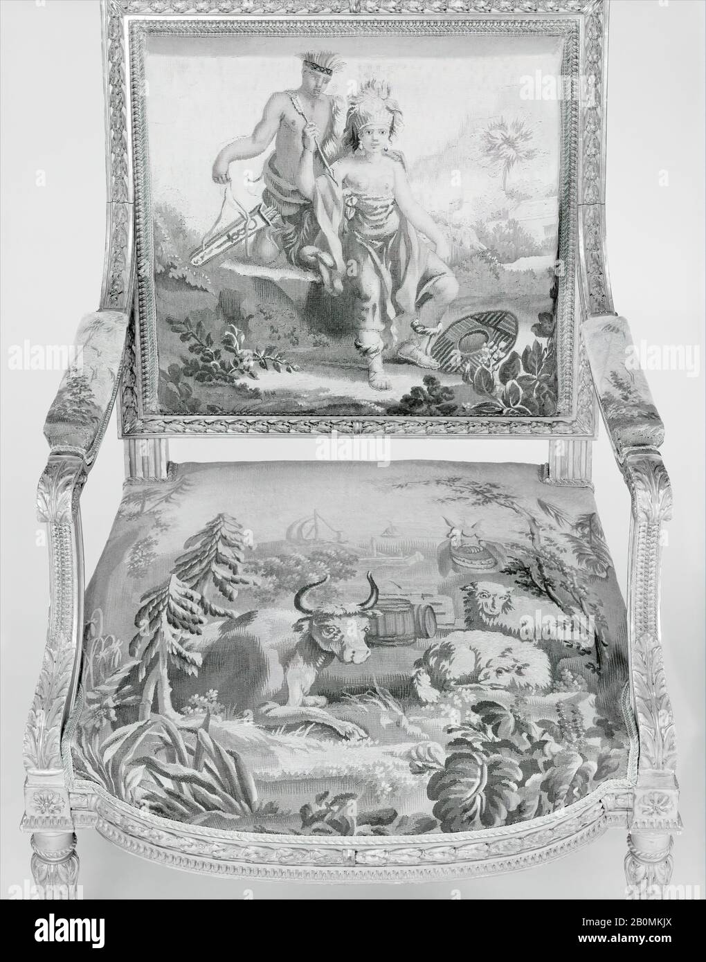 Wandteppiche von Beauvais, Amerika, Französisch, Beauvais, Werkstatt von de Menou (Französisch, aktiv 170-93), Nach einer Komposition von Jean Jacques François Le Barbier (Französisch, Rouen 1738-1826 Paris), entworfen Ca. Aus dem Jahr 1701-91, Sesselrahmen aus der zweiten Hälfte des 19. Jahrhunderts, Französisch, Beauvais, Geschnitztem und vergoldetem Holz, Wolle, Seide, Insgesamt 37 3/4 × 27 × 24 Zoll. (95,9 × 68,6 × 61 cm Stockfoto