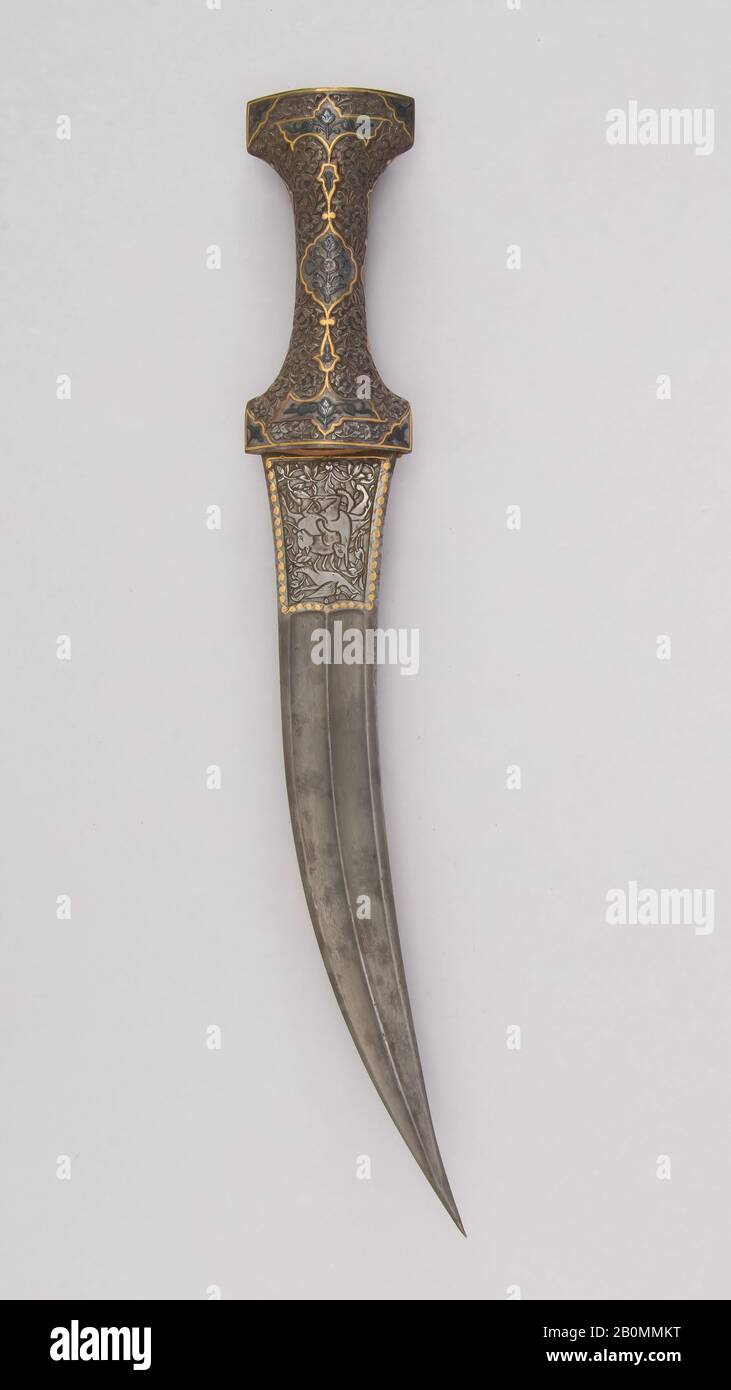 Dolch (Jambiya), Persisch, Qajar, 19. Jahrhundert, Persisch, Qajar, Stahl, Gold, H. 15 3/8 Zoll (39,1 cm); H. der Klinge 10 1/2 Zoll (26,7 cm); W. 5/16 Zoll (0,8 cm); D. 1 3/16 Zoll (3 cm); Wt. 11,4 oz. (323,2 g), Dolche Stockfoto