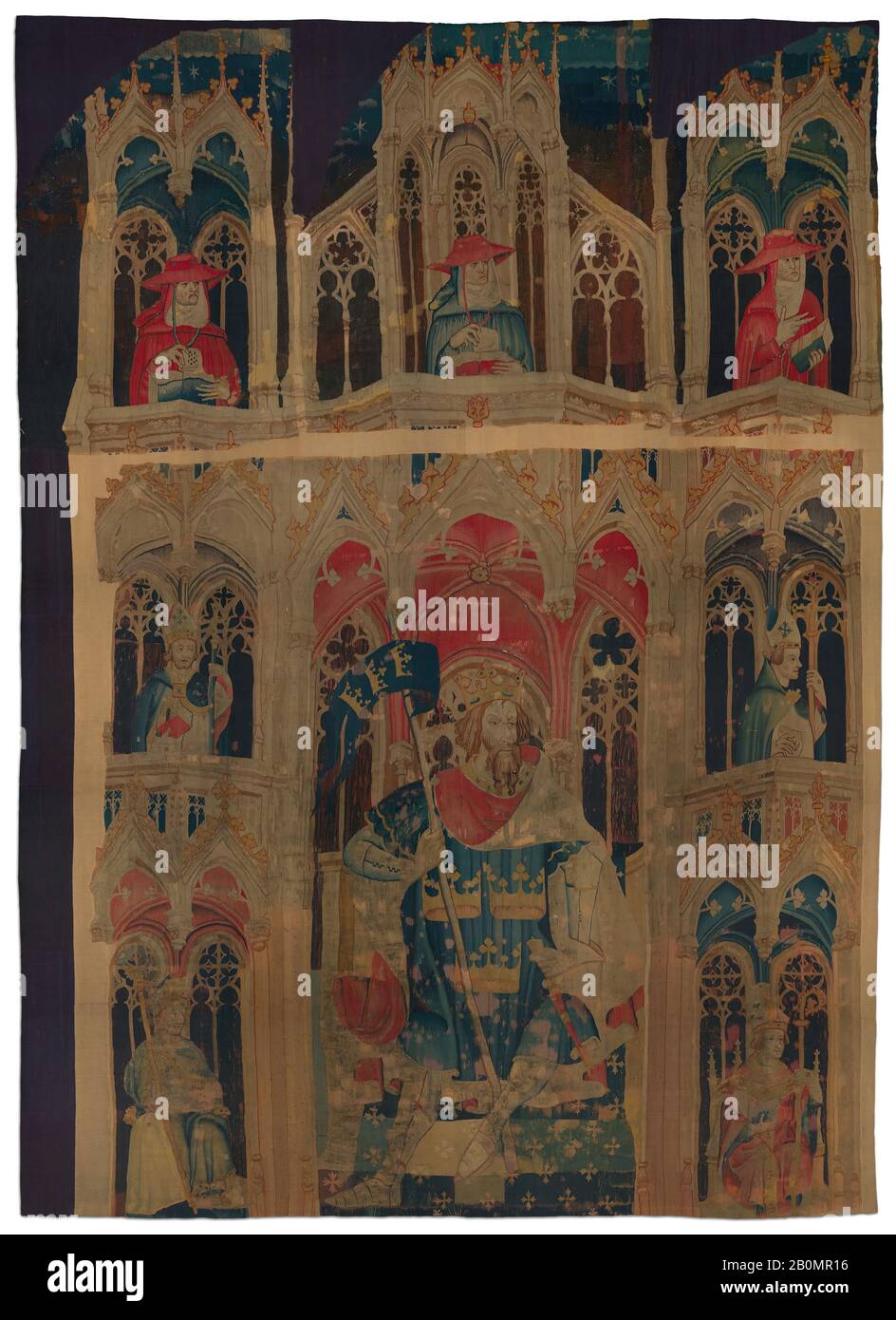 King Arthur (von den Neun Heldenteppichen), South Netherlandish, Ca. 1400, Südholländisch, Wollspäne, Wollflechts, Gesamt (König Arthur (2a, f)): 168 × 117 Zoll (426,7 × 297,2 cm), Gesamt (hebräische Würde (2b, c und h)): 168 × 250 Zoll (426,7 × 635 cm), Textil-Tapestry Stockfoto