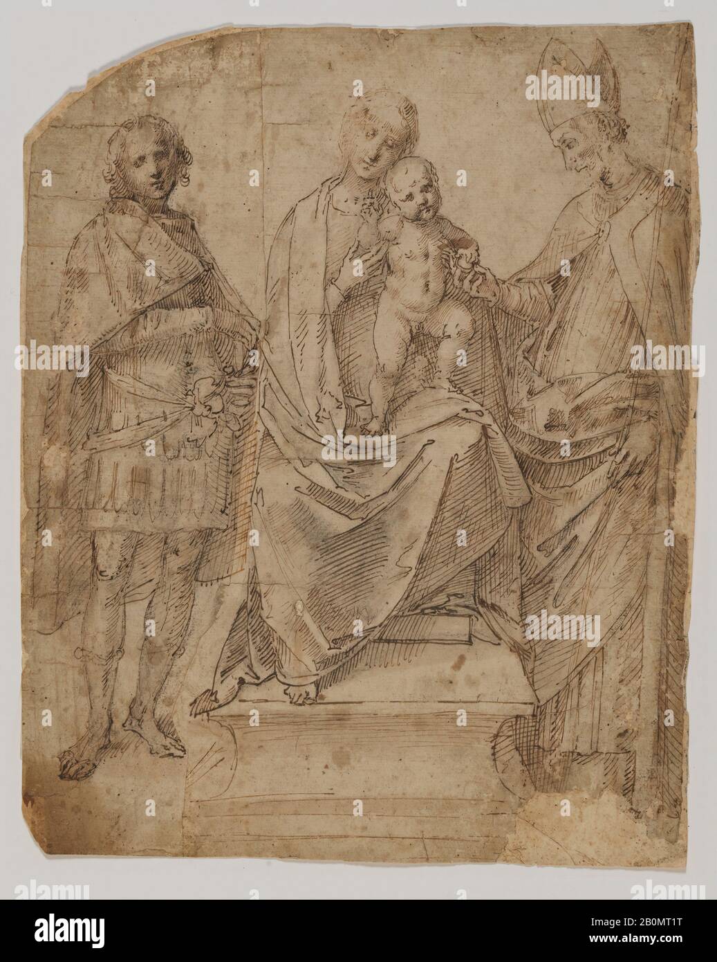 Follwer von Gaudenzio Ferrari, Madonna und Kind mit den Heiligen Martin und Maurice (?), Follwer von Gaudenzio Ferrari (Italienisch, Valduggia 1475/80-1546 Mailand), Ca. 1530, Stift und Tinte in zwei Brauntönen, über schwarzer Kreide, 12 1/4 x 9 3/4 Zoll. (31,1 x 24,8 cm), Zeichnungen Stockfoto