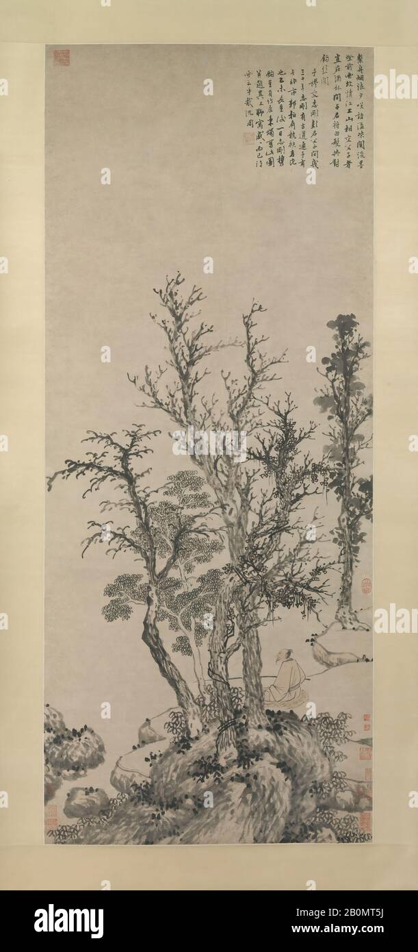 Shen Zhou, Silent Angler in an Autumn Wood, China, Ming-Dynastie (1368-1644), Shen Zhou (Chinesisch, 1427-1509), 1475, China, Hängende Schriftrolle; Tinte und Farbe auf Papier, Bild: 60 x 24 3/4 Zoll (152,4 x 62,9 cm), Gesamt mit Montage: 107 x 32 1/8 Zoll (271,8 x 81,6 cm), Insgesamt mit Knöpfen: 107 x 35 1/4 Zoll (271,8 x 89,5 cm), Gemälde Stockfoto
