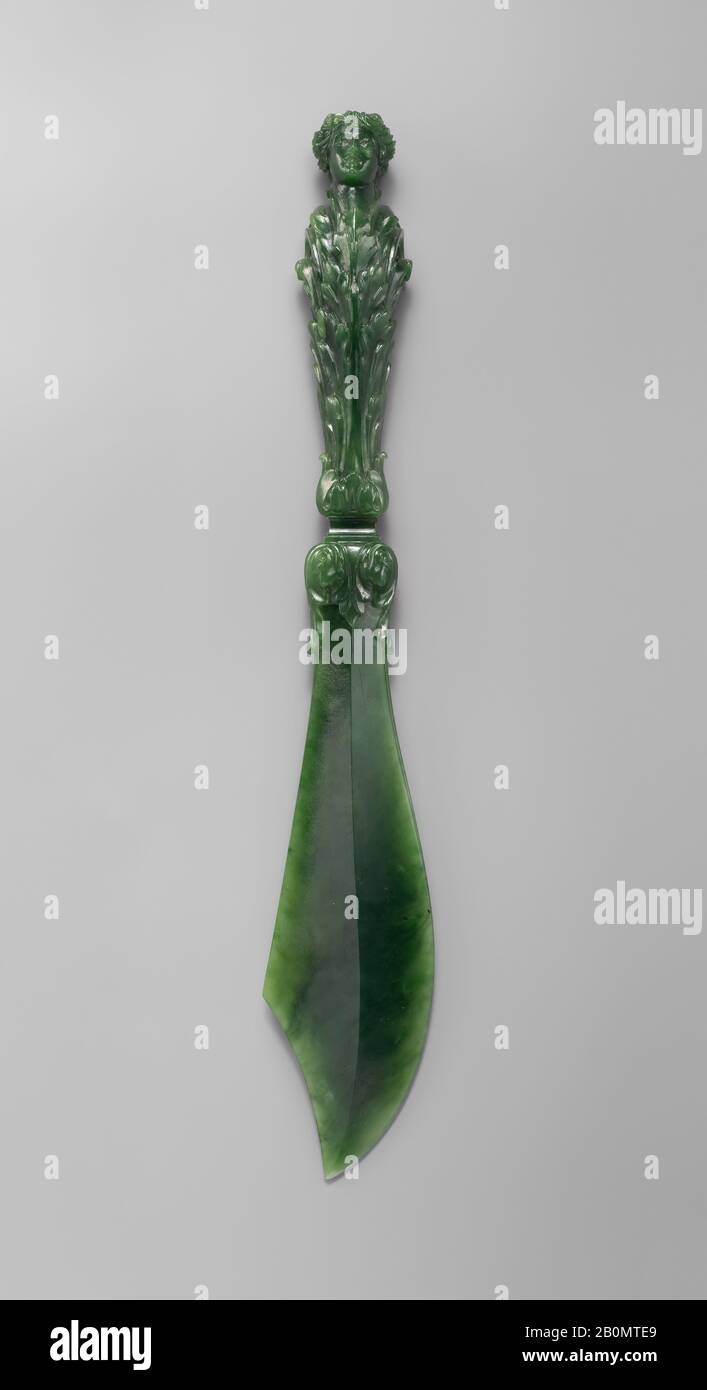 Werkstatt Berquin-Varangoz, Papiermesser, Frankreich, Werkstatt Berquin-Varangoz, 1890, Frankreich, Jade (Nephrite), 2 3/16 Zoll (5,5 cm); D. 1 5/16 Zoll (3,3 cm); L. 13 7/16 Zoll (34,1 cm), Jade Stockfoto