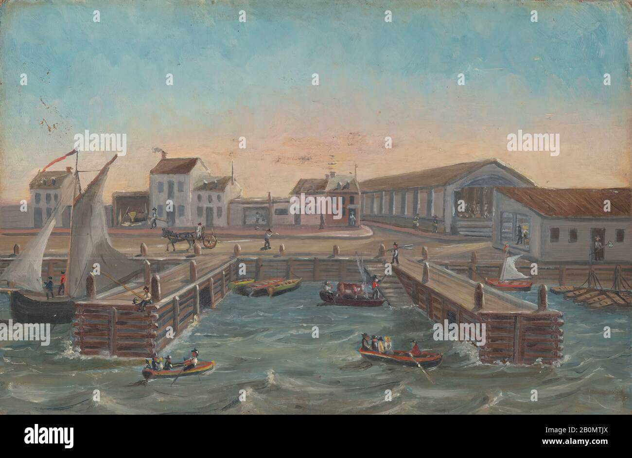 William P. Chappel, Old Ferry Stairs, American, William P. Chappel (amerikanisch, 1801-1878), 1870er Jahre, amerikanisch, Öl auf Schieferpapier, 6 1/16 x 9 1/8 Zoll (15,4 x 23,2 cm), Gemälde Stockfoto