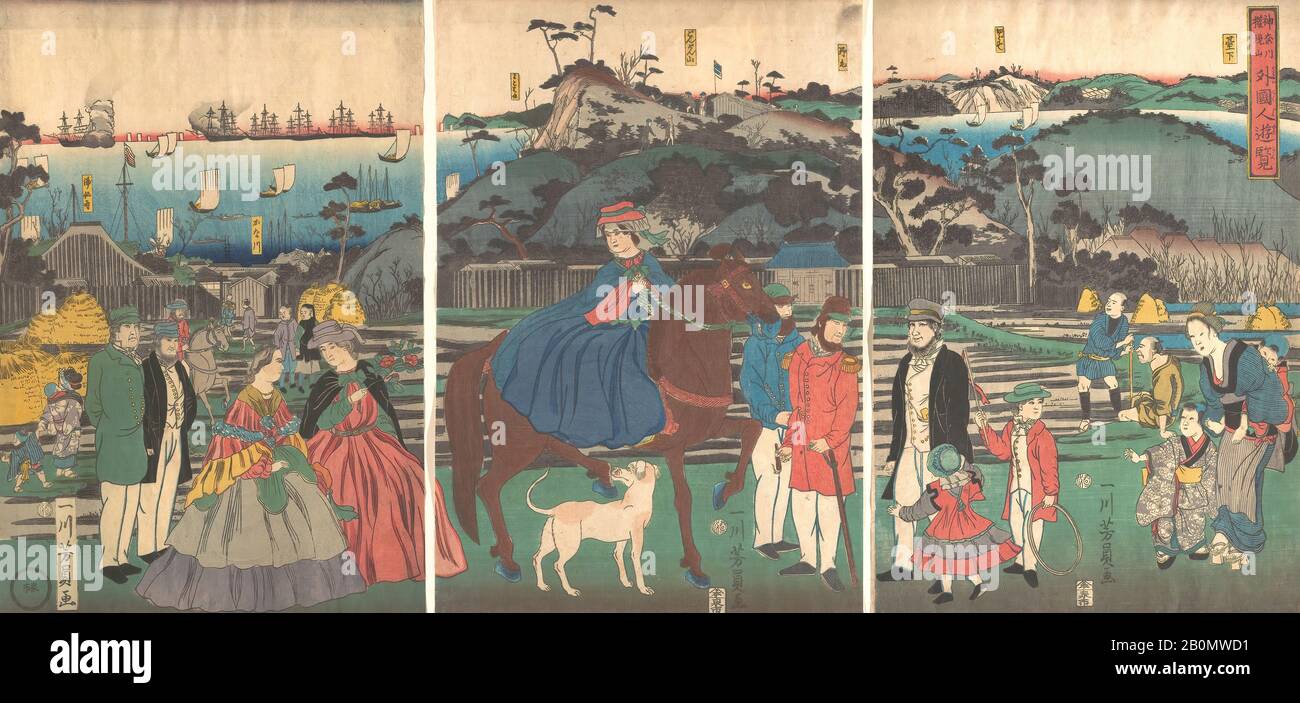 Utagawa Yoshikazu, Ausländer, Die Die Berühmte Stätte von Mt besuchen. Gongen in Kanagawa, Japan, Edo-Zeit (1615-1868), Utagawa Yoshikazu (japanisch, aktiv ca. 1850-1870), 2. Monat, 1861, Japan, Triptychon polychromer Holzholzdrucke; Tinte und Farbe auf Papier, Bild (A): 14 1/4 x 9 3/4 Zoll. (36,2 x 24,8 cm), Bild (b): 14 1/4 x 9 3/4 Zoll (36,2 x 24,8 cm), Bild (c): 14 1/4 x 9 5/8 Zoll (36,2 x 24,4 cm), Ausdrucke Stockfoto