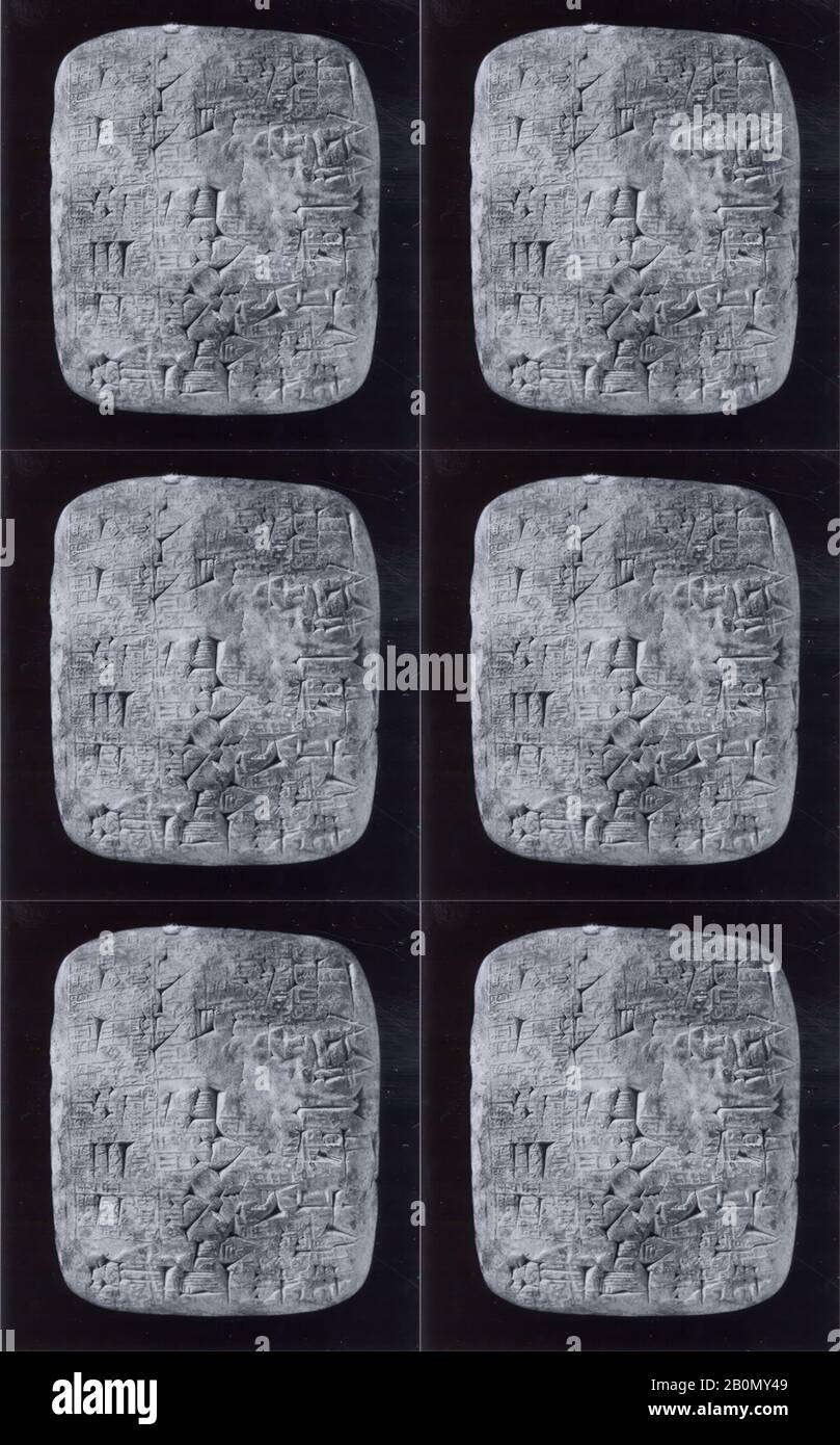 Cuneiform Tablette beeindruckt von Zylinderdichtung: Lieferungen von Oxen, Neo-Saumerian, Ur III, Date ca. 2040 v. Chr., Mesopotamien, Umma (modern Jokha) (?), Neo-Saumerian, Clay, 5,3 x 4,4 x 1,7 cm (2 1/8 x 1 3/4 x 5/8 in.), Clay-Tablets-Insribed-Seal Impressionen Stockfoto