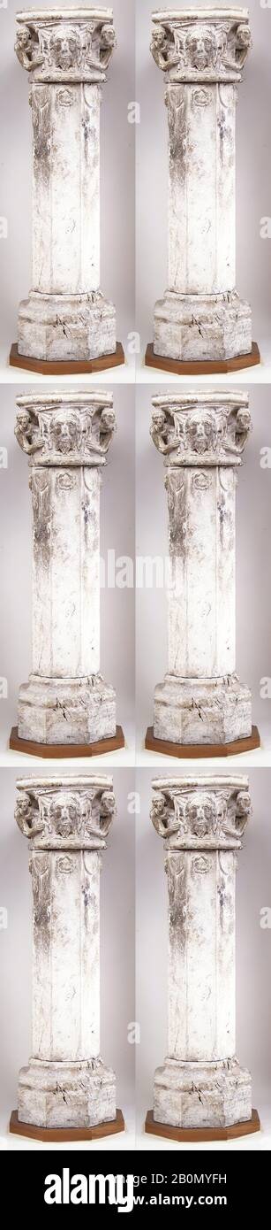 Hauptstadt mit Angels Holding The Veil of Saint Veronica, mit einer Säule, norditalienisch, ca. 1325-75, Hergestellt in Venetien (?), Italien, Norditalien, Kalksteine mit Spuren von Polychromie, Gesamt: 73 7/8 x 20 3/16 x 20 3/16 3/16 in. (187,6 x 51,3 x 51,3 cm), Kapitell: 15 3/8 x 20 1/4 x 20 1/4 Zoll (39,1 x 51,4 x 51,4 cm), Schaft: 43 1/2 x 15 Zoll (110,5 x 38,1 cm), Sockel: 15 x 20 3/16 Zoll (38,1 x 51,2 cm), bildhauerisch Stockfoto