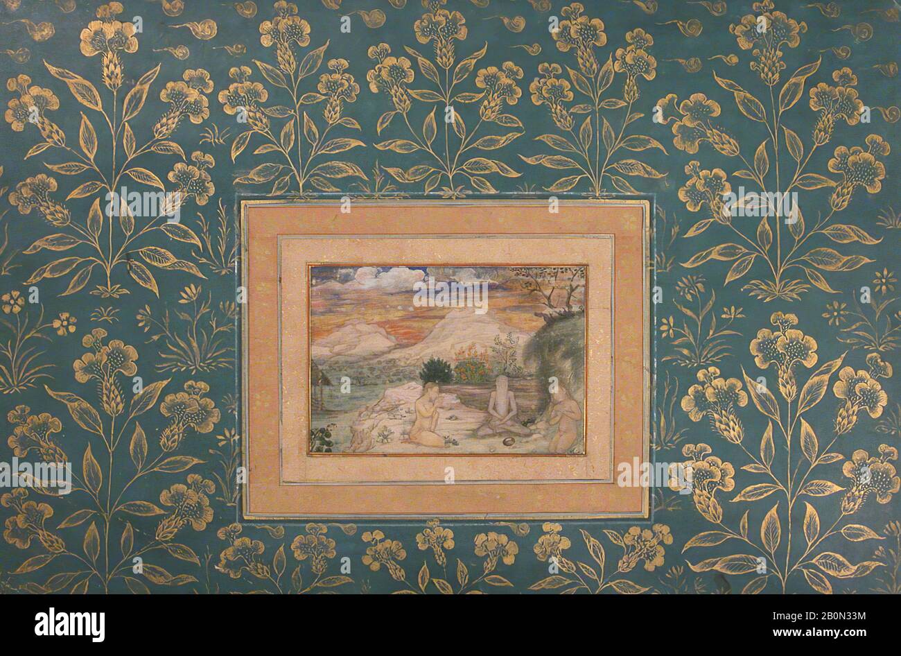 Heiliger Mann mit Zwei Jüngern in einem Landschaftsbild, Illustriertes Einzelwerk, ca. 1640, Indien Zugeschrieben, Tinte, opakes Aquarell und Gold auf Papier, 10 3/16 x 15 1/8 Zoll. (25,9 x 38,4 cm), Abmessungen der Lackierung: 3 x 4 3/8 Zoll (7,6 x 11,1 cm), Codices Stockfoto