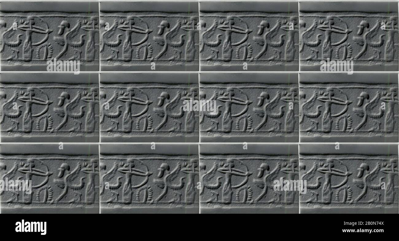 Zylinderdichtung mit Jagdszene, assyrisch, neuassyrisch, Datum Ende 9. - Anfang 7. Jahrhundert v. Chr., Mesopotamien, Assyrisch, Faience, 1,04 Zoll (2,64 cm), Zylinderstinkendichtungen Stockfoto