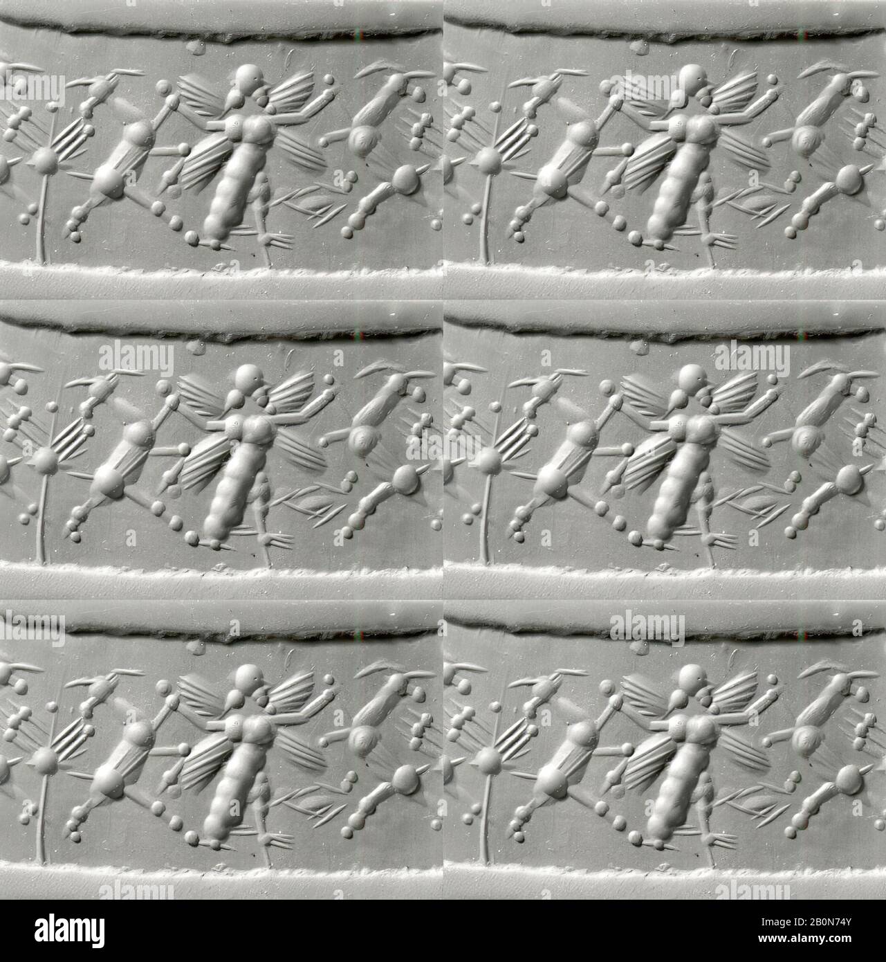 Zylinderdichtung mit dreifiguriger Wettbewerbsszene, babylonisch, neubabylonisch, Datum 7. Jahrhundert v. Chr., Mesopotamien, Babylonisch, neutrale Chalcedonie (Quartz), 1,26 Zoll (3,2 cm), Zylinderstinkendichtungen Stockfoto