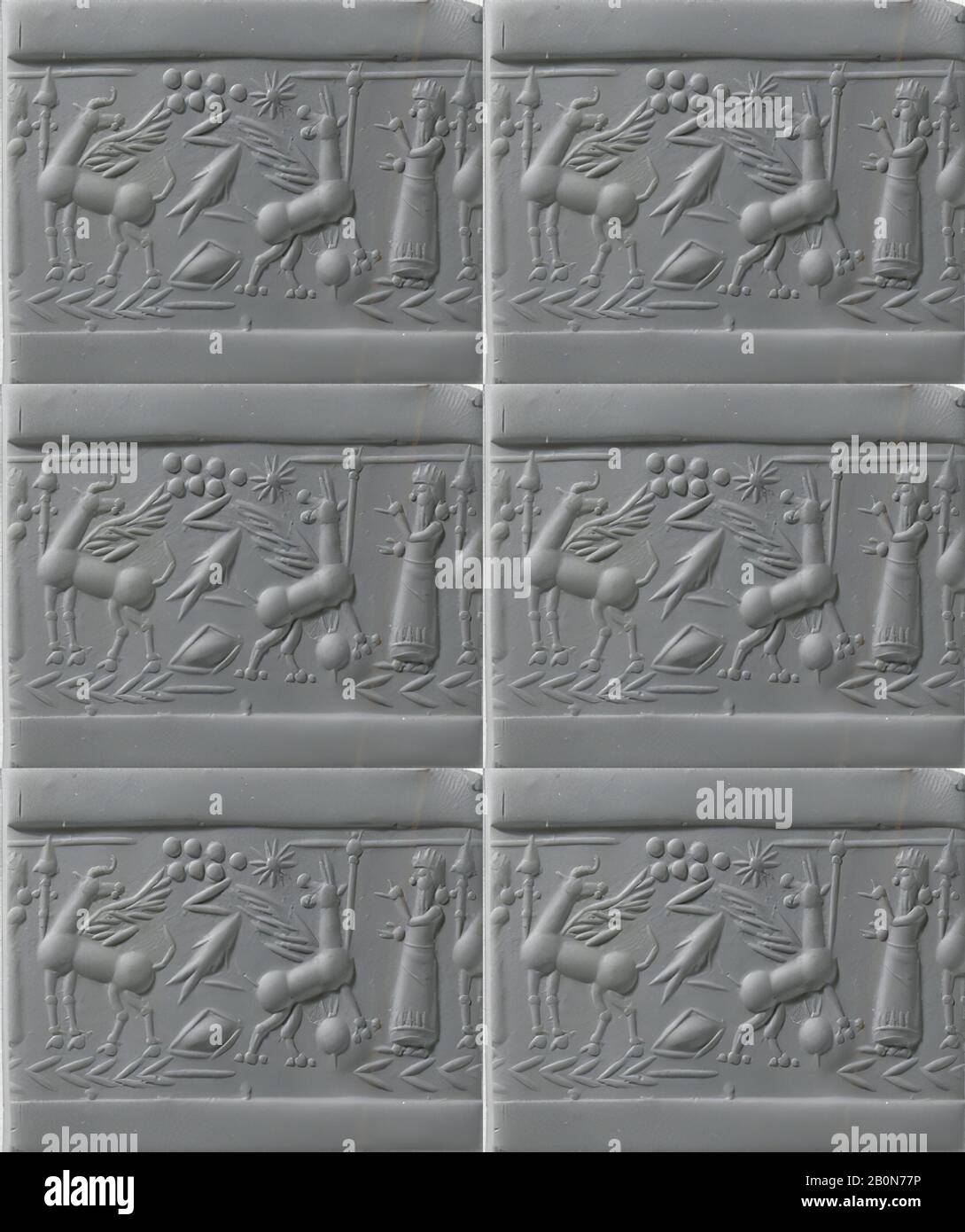 Zylinderdichtung mit Kulturszene, Assyrisch, Neo-Assyrisch, Datum 8.-7. Jahrhundert v. Chr., Mesopotamien, Assyrisch, Variiertes Carnelian (Quartz), 1,22 Zoll (3,1 cm), Zylinderstinkendichtungen Stockfoto