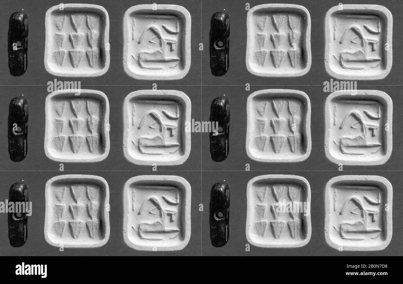 Rechteckiges Plaque-Siegel, Jemdet Nasr, Date Ca. 3100-2900 v. Chr., Mesopotamien, Steatite, Schwarz, Dichtfläche: 2,08 x 1,85 cm, Höhe: 0,6 cm, Streichloch: 0,2 cm, Stone-Stamp-Siegel Stockfoto
