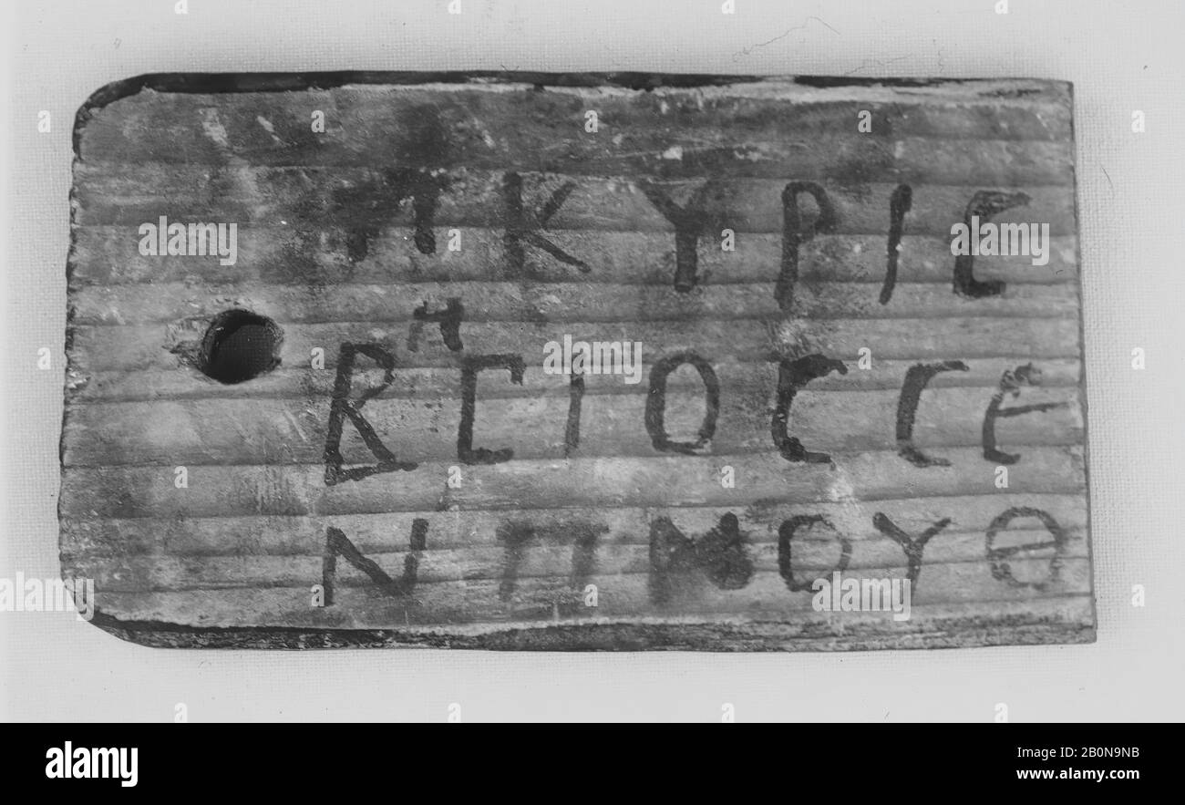 Mummy Label of Pkyris (Sohn von) Besis and Senpnouth, Roman Period, Date A.D. 3rd Century, From Egypt; Probably from Northern Upper Egypt, Akhmim (Khemmis, Panopolis), Wood, ink, 11 × 6 cm (4 5/16 × 2 3/8 in Stockfoto