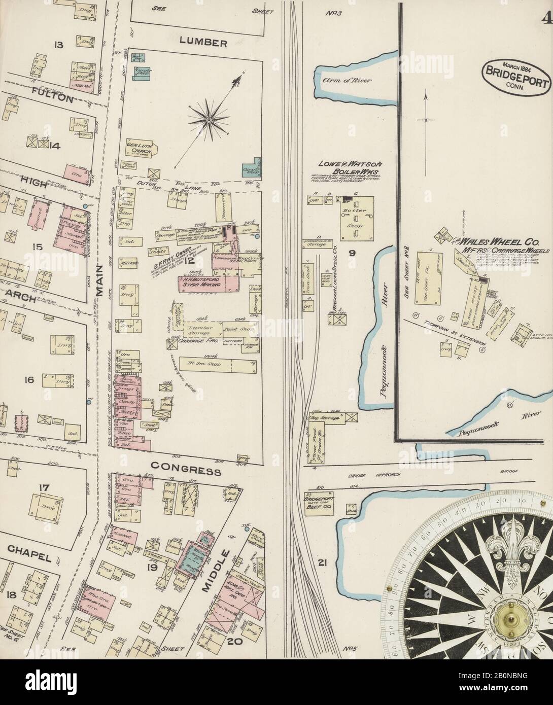 Bild 4 von Sanborn Fire Insurance Map aus Bridgeport, Fairfield County, Connecticut. März 1884. 20 Blatt(e), Amerika, Straßenkarte mit einem Kompass Aus Dem 19. Jahrhundert Stockfoto