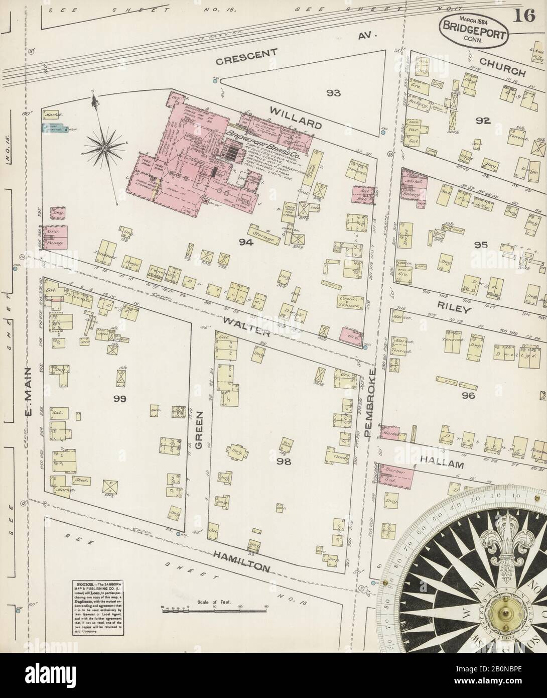 Bild 16 von Sanborn Fire Insurance Map aus Bridgeport, Fairfield County, Connecticut. März 1884. 20 Blatt(e), Amerika, Straßenkarte mit einem Kompass Aus Dem 19. Jahrhundert Stockfoto