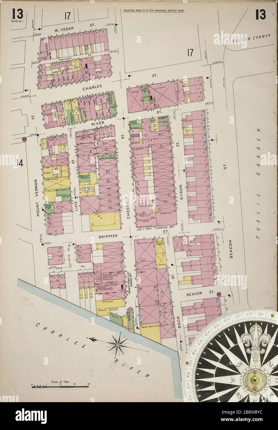 Bild 22 von Sanborn Fire Insurance Map aus Boston, Suffolk County, Massachusetts. Bd. 1, 1895. 97 Blatt(e). 36 Skelettkarten. Bound, Amerika, Straßenkarte mit einem Kompass Aus Dem 19. Jahrhundert Stockfoto