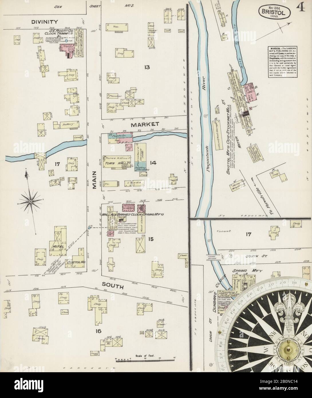 Bild 4 von Sanborn Fire Insurance Map aus Bristol, Hartford County, Connecticut. Mai 1884Er. 5 Blatt(e), Amerika, Straßenkarte mit einem Kompass Aus Dem 19. Jahrhundert Stockfoto