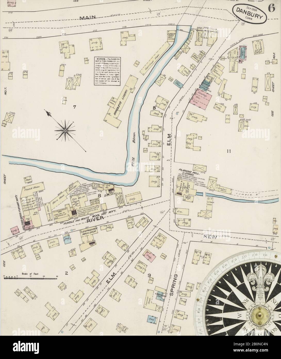 Bild 6 von Sanborn Fire Insurance Map aus Danbury, Fairfield County, Connecticut. Sep. 10 Blatt(e), Amerika, Straßenkarte mit einem Kompass Aus Dem 19. Jahrhundert Stockfoto