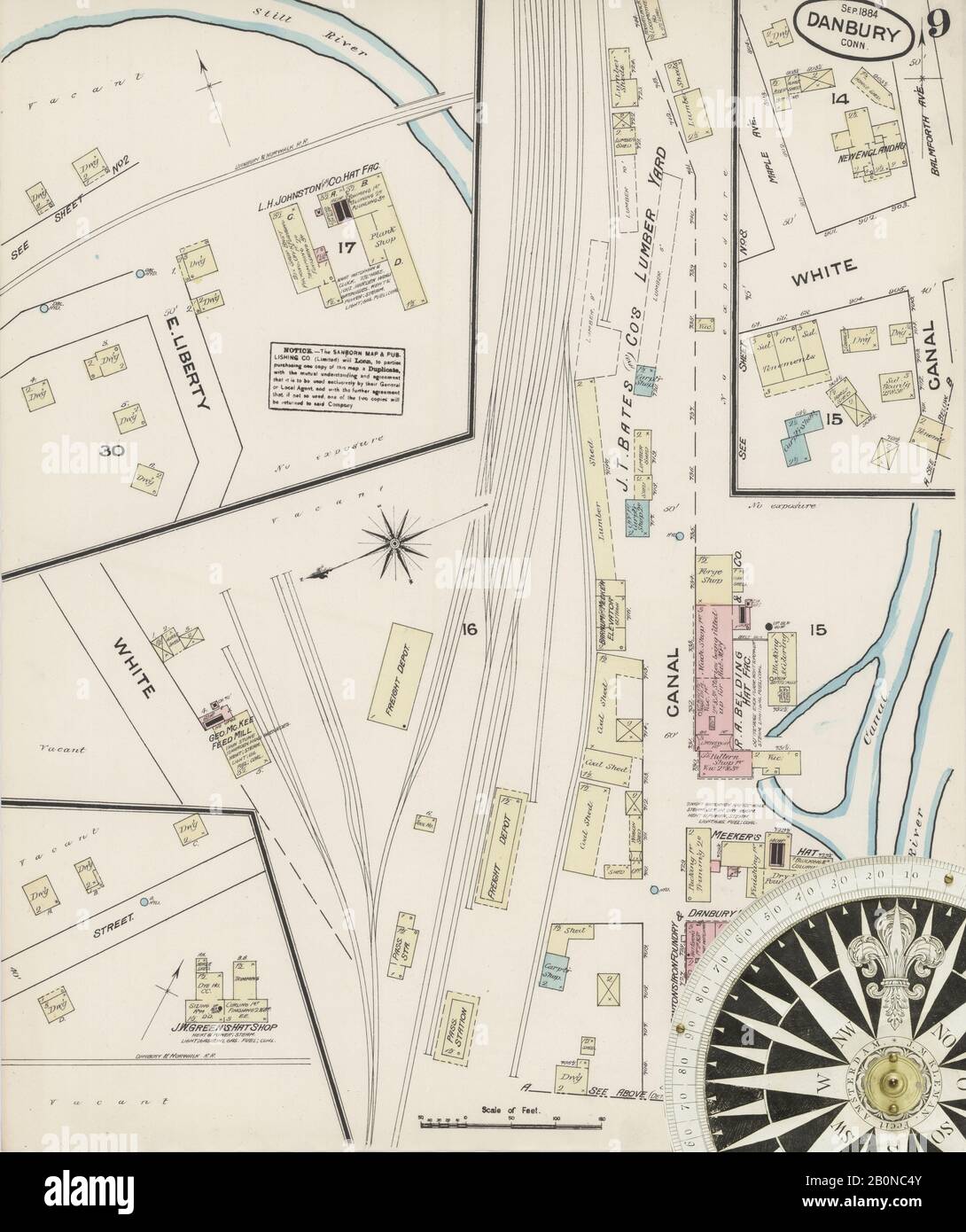 Bild 9 von Sanborn Fire Insurance Map aus Danbury, Fairfield County, Connecticut. Sep. 10 Blatt(e), Amerika, Straßenkarte mit einem Kompass Aus Dem 19. Jahrhundert Stockfoto