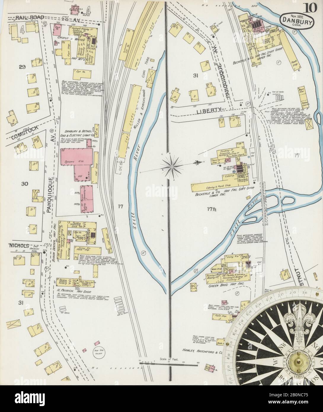 Bild 10 von Sanborn Fire Insurance Map aus Danbury, Fairfield County, Connecticut. Nov. 1892. 13 Blatt(e), Amerika, Straßenkarte mit einem Kompass Aus Dem 19. Jahrhundert Stockfoto