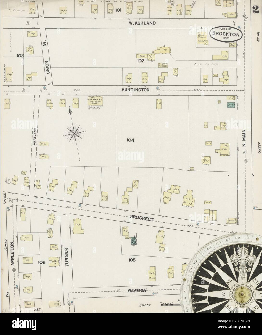 Bild 2 von Sanborn Fire Insurance Map aus Brockton, Plymouth County, Massachusetts. Okt. 31 Blatt(e), Amerika, Straßenkarte mit einem Kompass Aus Dem 19. Jahrhundert Stockfoto