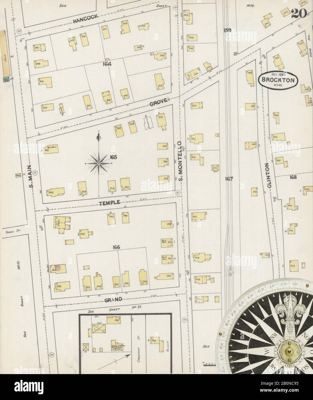 Bild 20 von Sanborn Fire Insurance Map aus Brockton, Plymouth County, Massachusetts. Okt. 31 Blatt(e), Amerika, Straßenkarte mit einem Kompass Aus Dem 19. Jahrhundert Stockfoto