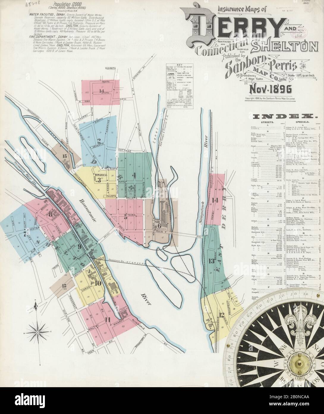 Bild 1 von Sanborn Fire Insurance Map aus Derby, New Haven County, Connecticut. Nov. 15 Blatt(e). Umfasst Shelton, Amerika, Straßenkarte mit einem Kompass Aus Dem 19. Jahrhundert Stockfoto
