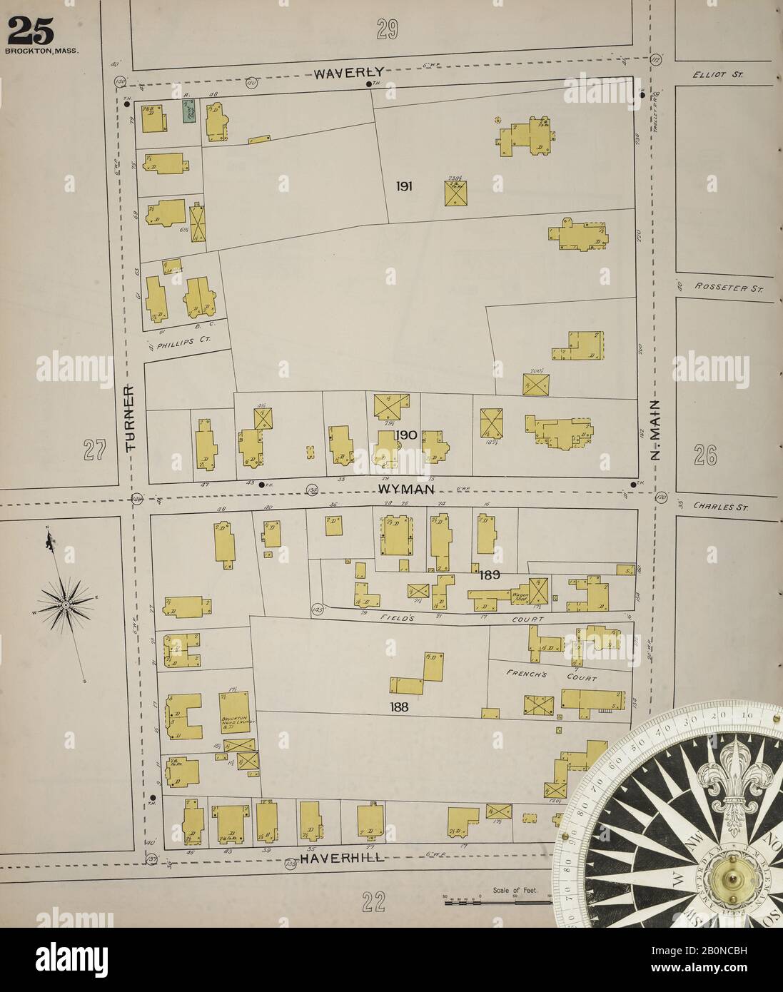 Bild 26 von Sanborn Fire Insurance Map aus Brockton, Plymouth County, Massachusetts. 1893. 52 Blatt(e). Bound, Amerika, Straßenkarte mit einem Kompass Aus Dem 19. Jahrhundert Stockfoto