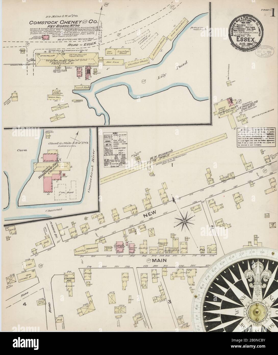Bild 1 von Sanborn Fire Insurance Map aus Essex, Middlesex County, Connecticut. August 1884A. 2 Blatt(e), Amerika, Straßenkarte mit einem Kompass Aus Dem 19. Jahrhundert Stockfoto