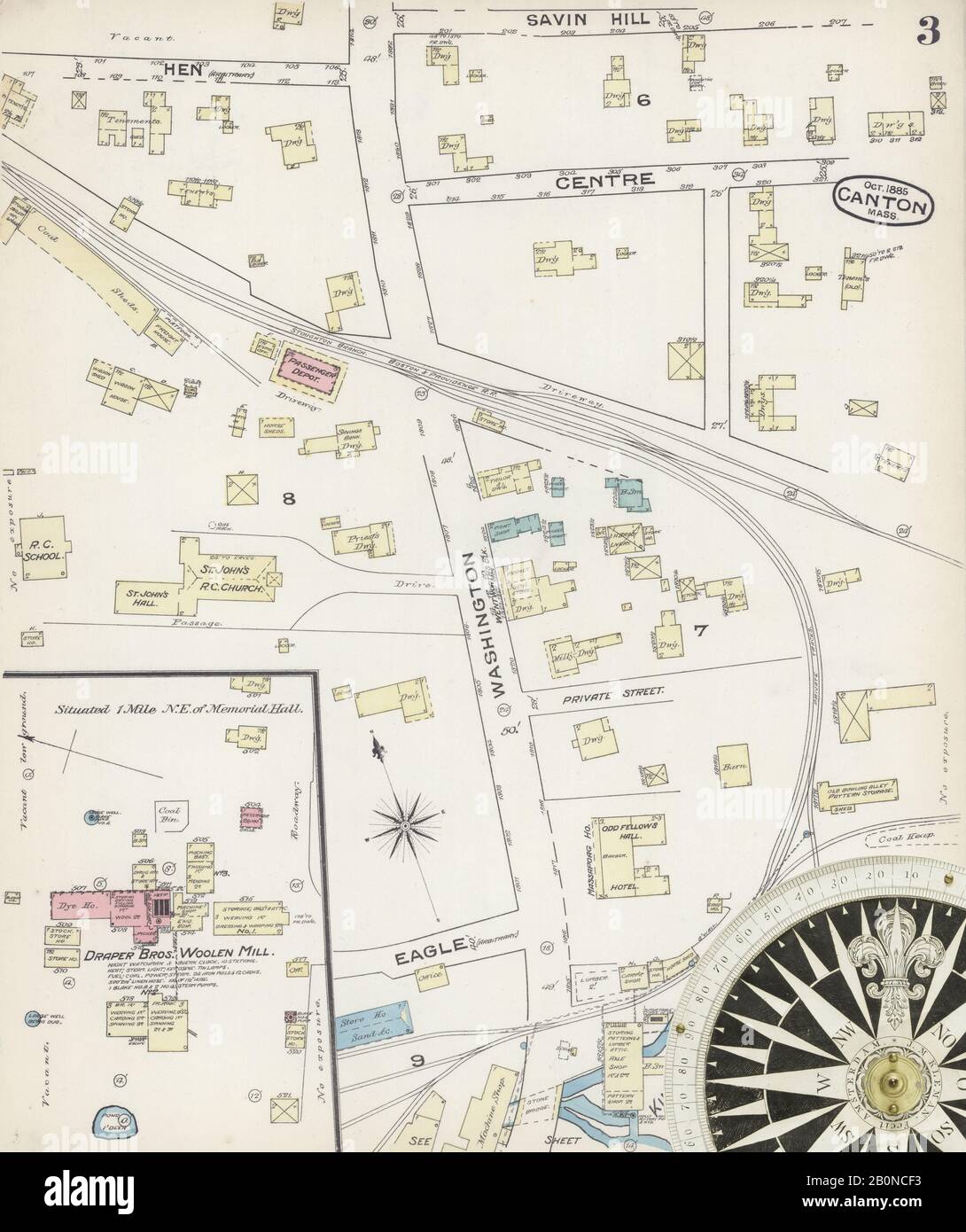 Bild 3 von Sanborn Fire Insurance Map aus Kanton, Norfolk County, Massachusetts. Okt 1885. 5 Blatt(e), Amerika, Straßenkarte mit einem Kompass Aus Dem 19. Jahrhundert Stockfoto