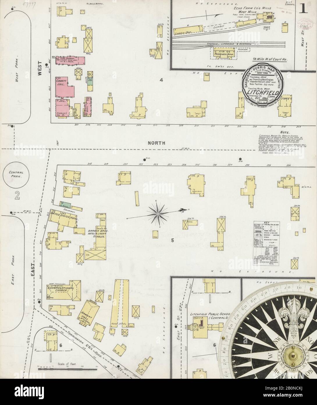 Bild 1 von Sanborn Fire Insurance Map aus Litchfield, Litchfield County, Connecticut. Okt. 2 Blatt(e), Amerika, Straßenkarte mit einem Kompass Aus Dem 19. Jahrhundert Stockfoto