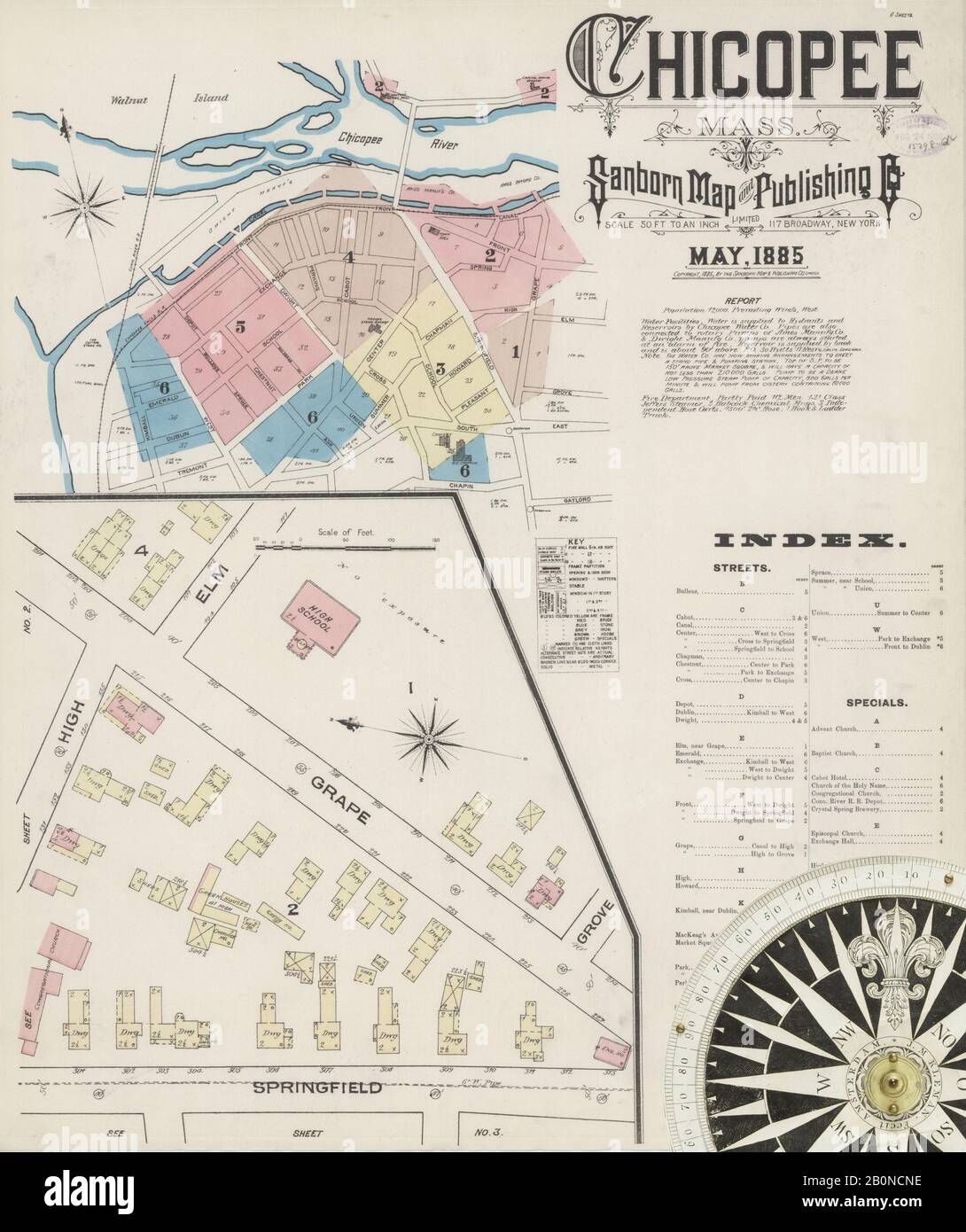 Bild 1 von Sanborn Fire Insurance Map aus Chicopee, Hampden County, Massachusetts. Mai 1885. 6 Blatt(e), Amerika, Straßenkarte mit einem Kompass Aus Dem 19. Jahrhundert Stockfoto