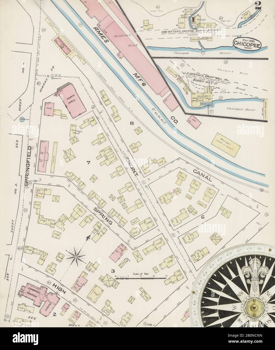 Bild 2 von Sanborn Fire Insurance Map aus Chicopee, Hampden County, Massachusetts. Mai 1885. 6 Blatt(e), Amerika, Straßenkarte mit einem Kompass Aus Dem 19. Jahrhundert Stockfoto