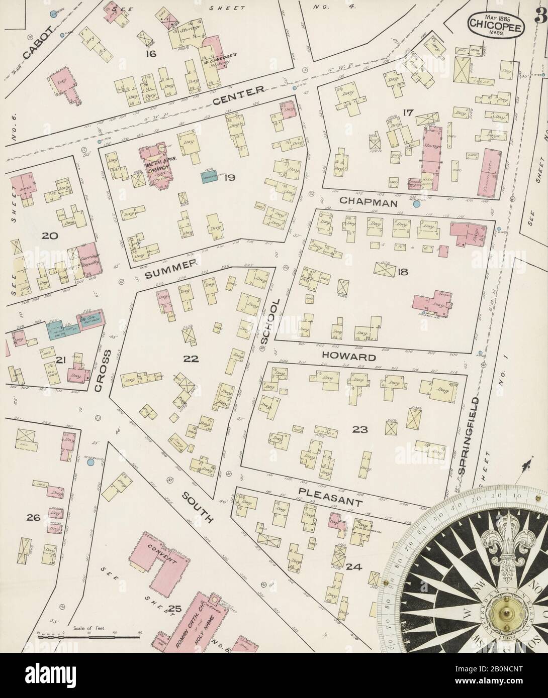 Bild 3 von Sanborn Fire Insurance Map aus Chicopee, Hampden County, Massachusetts. Mai 1885. 6 Blatt(e), Amerika, Straßenkarte mit einem Kompass Aus Dem 19. Jahrhundert Stockfoto