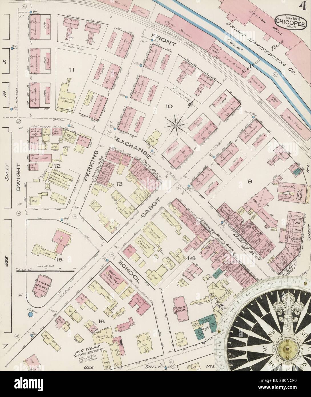 Bild 4 von Sanborn Fire Insurance Map aus Chicopee, Hampden County, Massachusetts. Mai 1885. 6 Blatt(e), Amerika, Straßenkarte mit einem Kompass Aus Dem 19. Jahrhundert Stockfoto