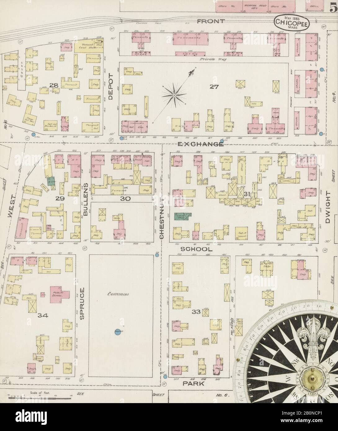 Bild 5 von Sanborn Fire Insurance Map aus Chicopee, Hampden County, Massachusetts. Mai 1885. 6 Blatt(e), Amerika, Straßenkarte mit einem Kompass Aus Dem 19. Jahrhundert Stockfoto