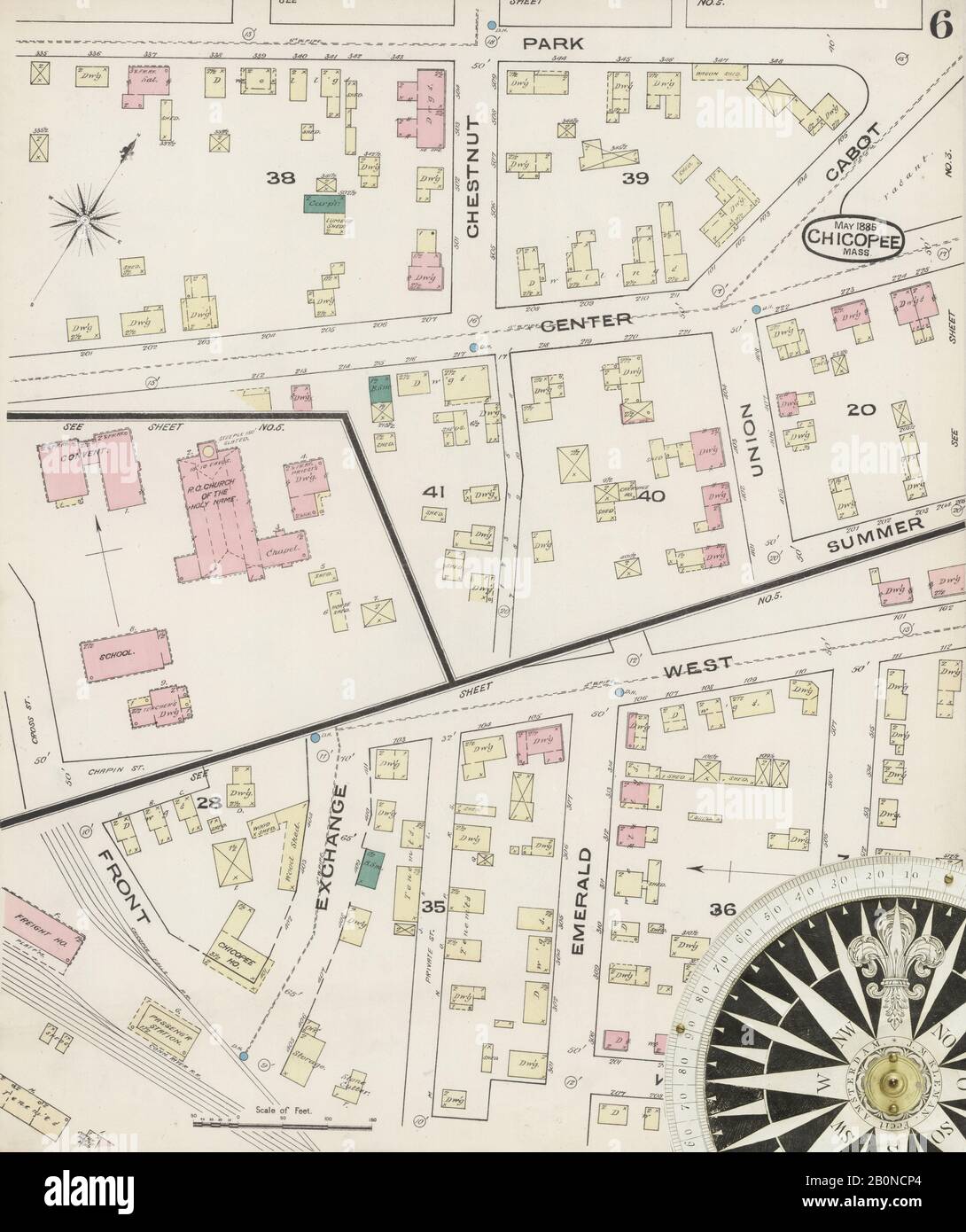 Bild 6 von Sanborn Fire Insurance Map aus Chicopee, Hampden County, Massachusetts. Mai 1885. 6 Blatt(e), Amerika, Straßenkarte mit einem Kompass Aus Dem 19. Jahrhundert Stockfoto