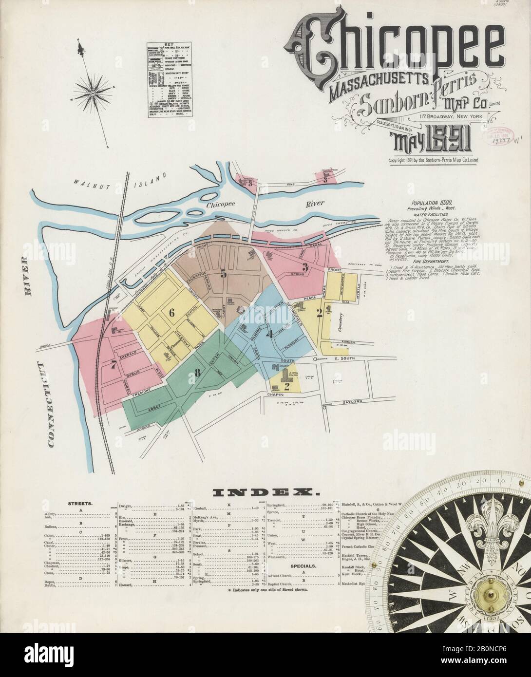 Bild 1 von Sanborn Fire Insurance Map aus Chicopee, Hampden County, Massachusetts. Mai 1891. 8 Blatt(e), Amerika, Straßenkarte mit einem Kompass Aus Dem 19. Jahrhundert Stockfoto