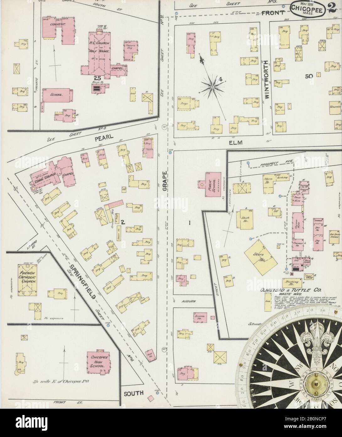 Bild 2 von Sanborn Fire Insurance Map aus Chicopee, Hampden County, Massachusetts. Mai 1891. 8 Blatt(e), Amerika, Straßenkarte mit einem Kompass Aus Dem 19. Jahrhundert Stockfoto