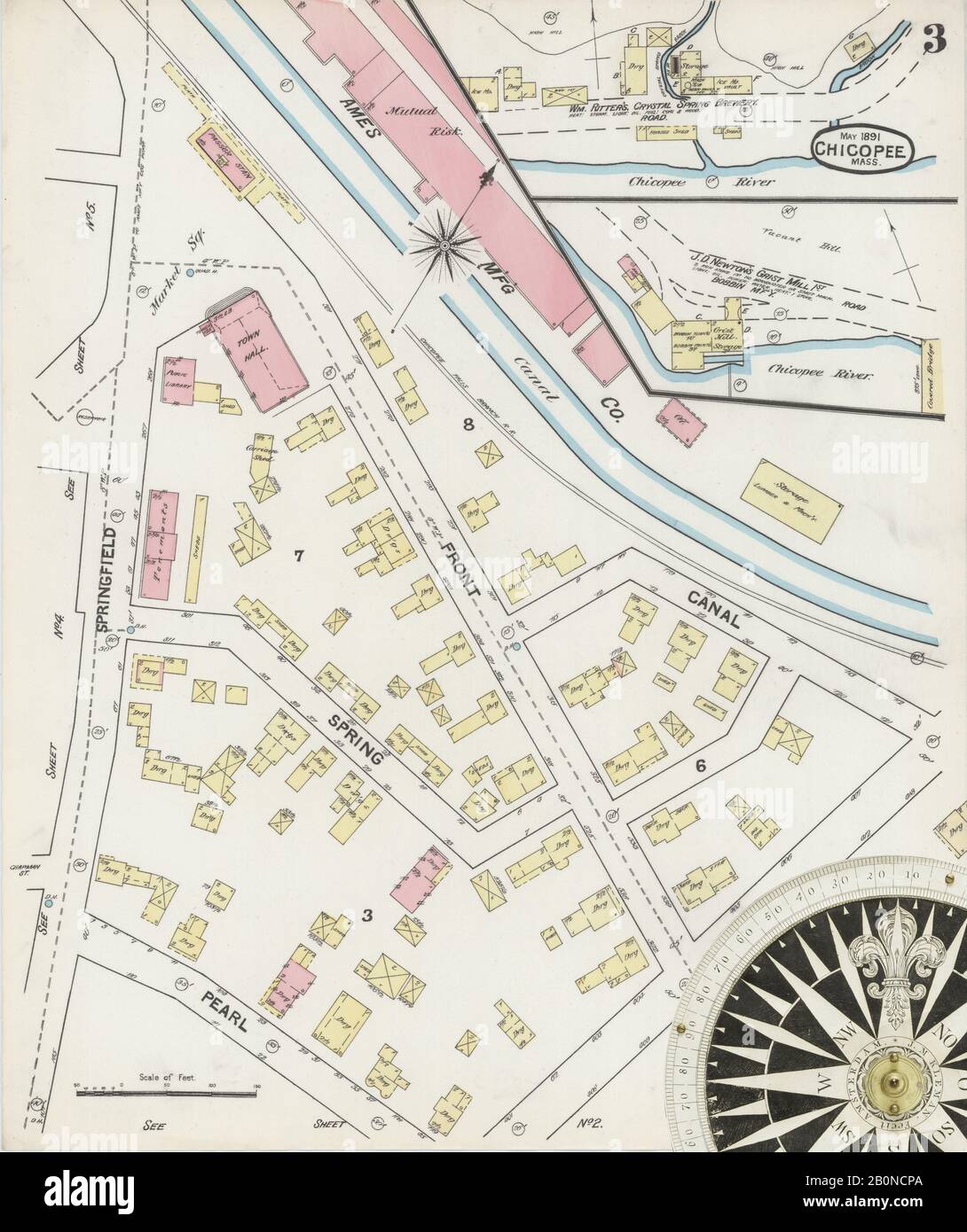 Bild 3 von Sanborn Fire Insurance Map aus Chicopee, Hampden County, Massachusetts. Mai 1891. 8 Blatt(e), Amerika, Straßenkarte mit einem Kompass Aus Dem 19. Jahrhundert Stockfoto