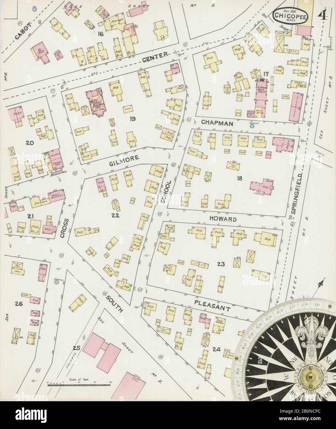 Bild 4 von Sanborn Fire Insurance Map aus Chicopee, Hampden County, Massachusetts. Mai 1891. 8 Blatt(e), Amerika, Straßenkarte mit einem Kompass Aus Dem 19. Jahrhundert Stockfoto
